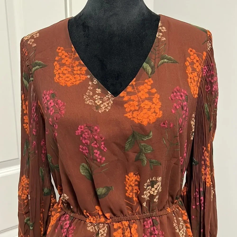 Gibson * Latimer Floral Brown Long Sleeve Midi Boho Dress size Small - Picture 3 of 9